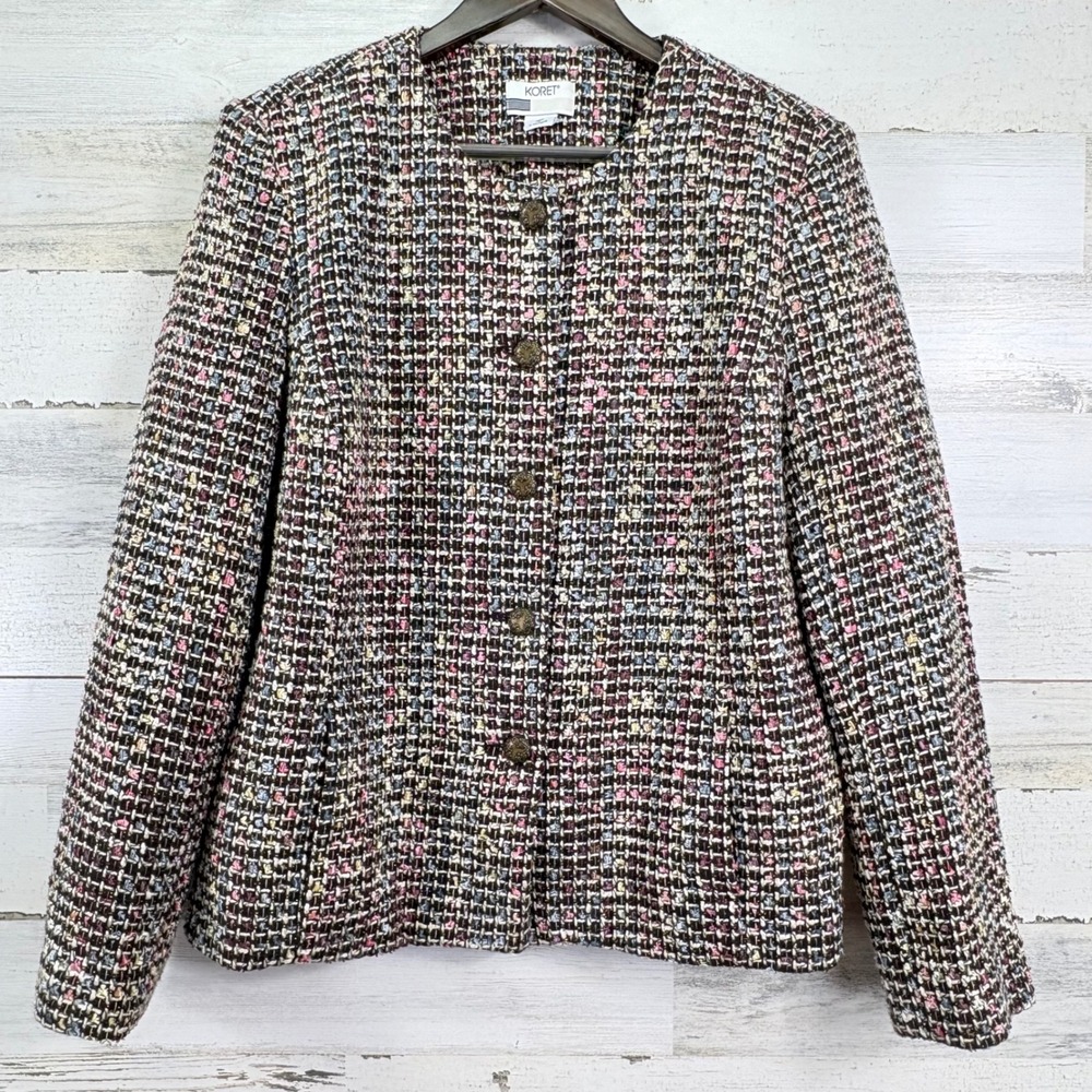 Koret Womens Tweed Blazer‎ Jacket Multi Color Button Front Petite Size 12